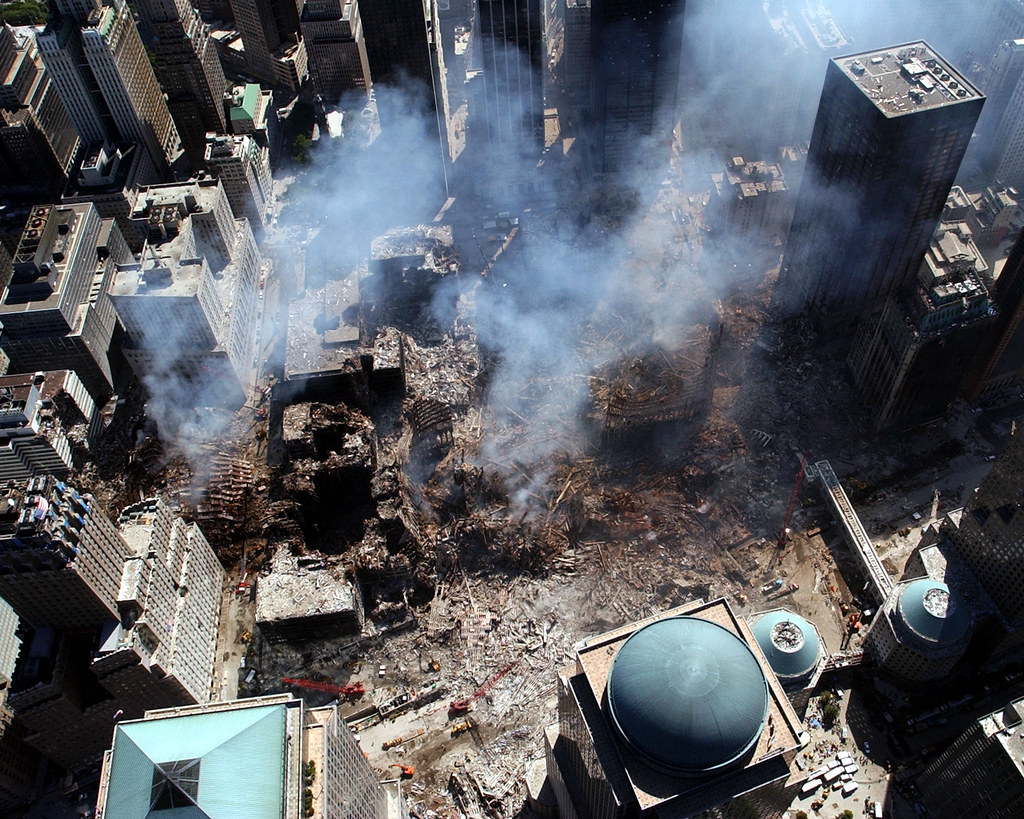A birds-eye view of the aftermath of the attack on the twin towers