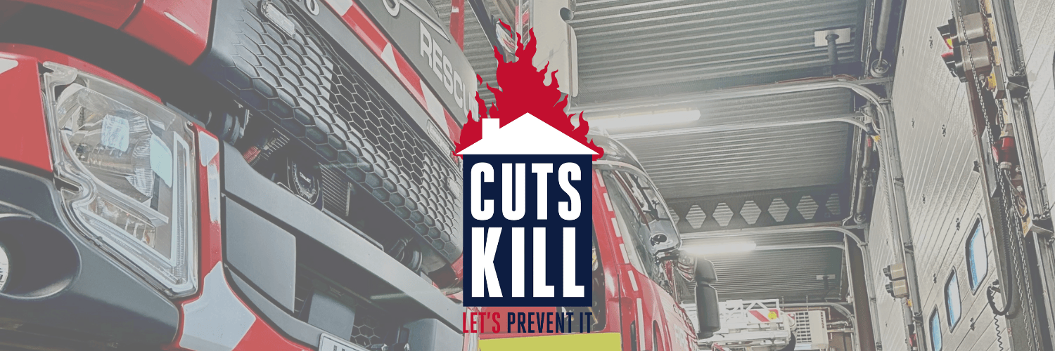 Cuts Kill logo on top of background of fire engines