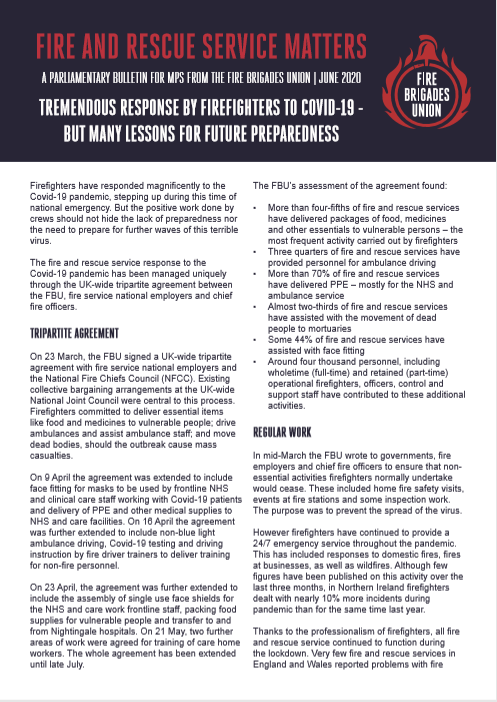 Cover Fire and Rescue Service Matters - Tremendous response by firefighters to COVID-19, but many lessons for future preparedness