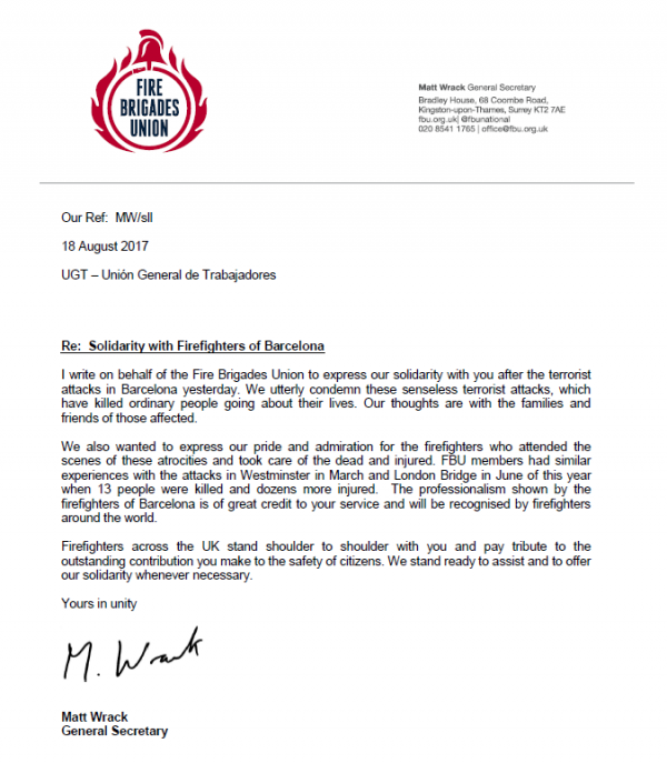 Cover Solidarity with the firefighters of Barcelona
