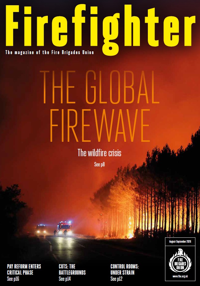 Firefighter August September 2026 cover featuring an image of a major wildfire
