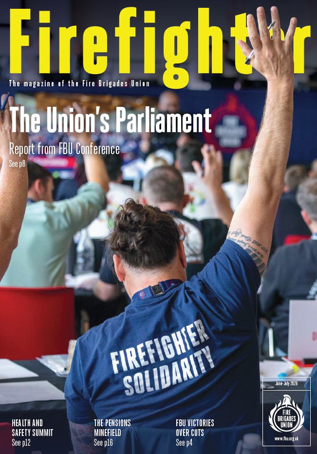 Firefighter June July 2026 cover featuring an image of the union's national conference