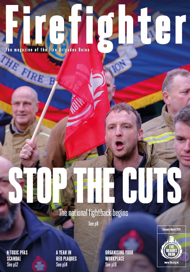 Firefighter Feb March 2026 cover featuring a stop the cuts demo by firefighters