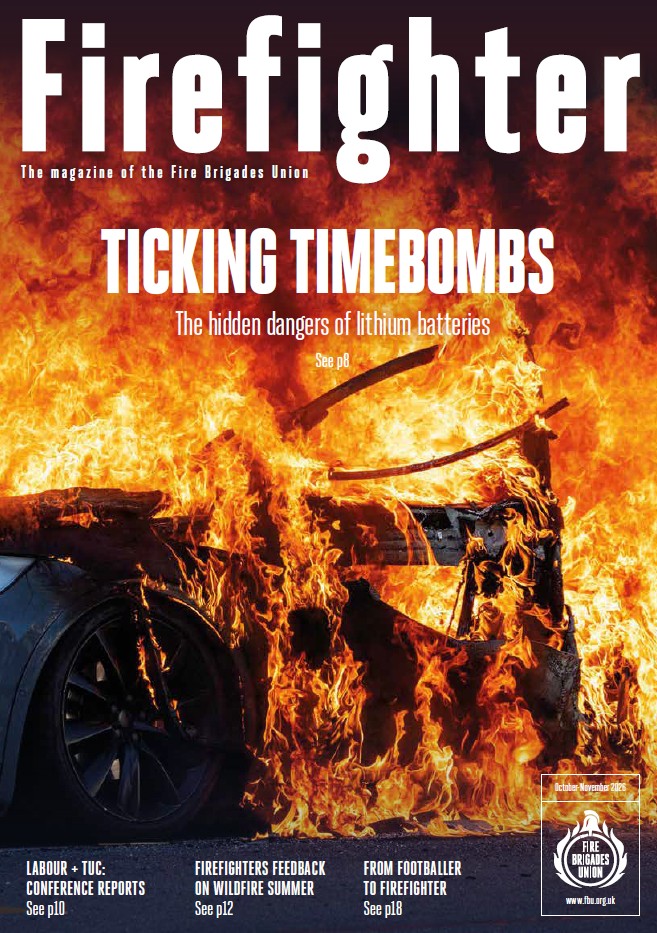 Firefighter October November 2026 cover featuring an image of a car fire