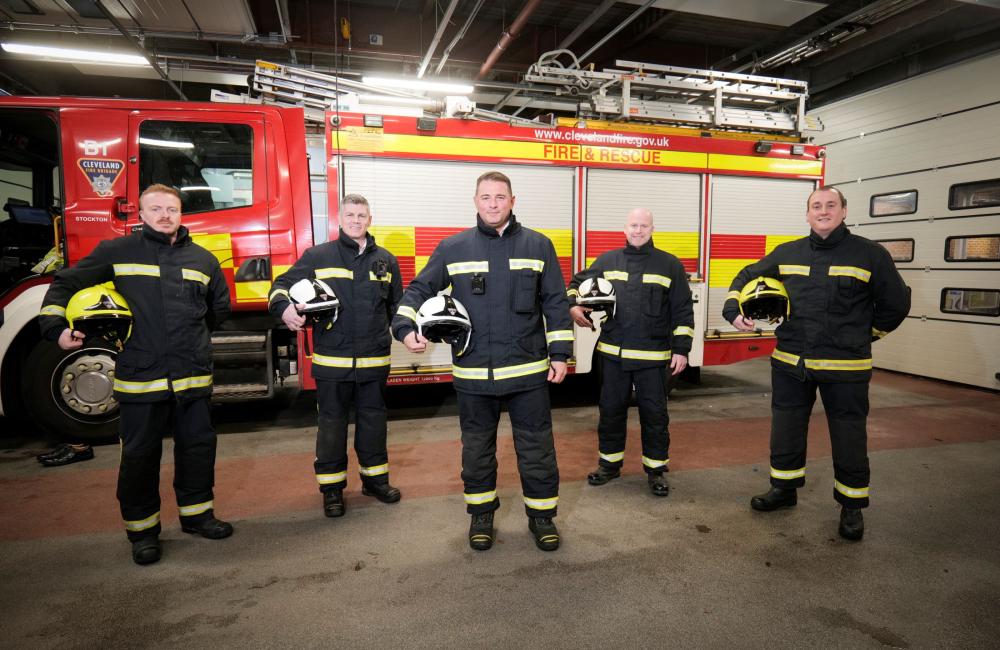 Cleveland firefighters in kit at Stockton fire station