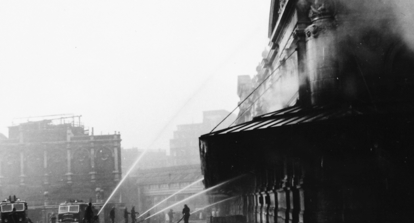 history building fire black white