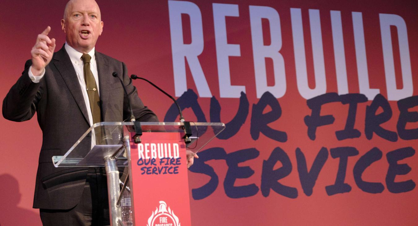 Matt speaking at FBU rally 2024 - rebuild our fire service