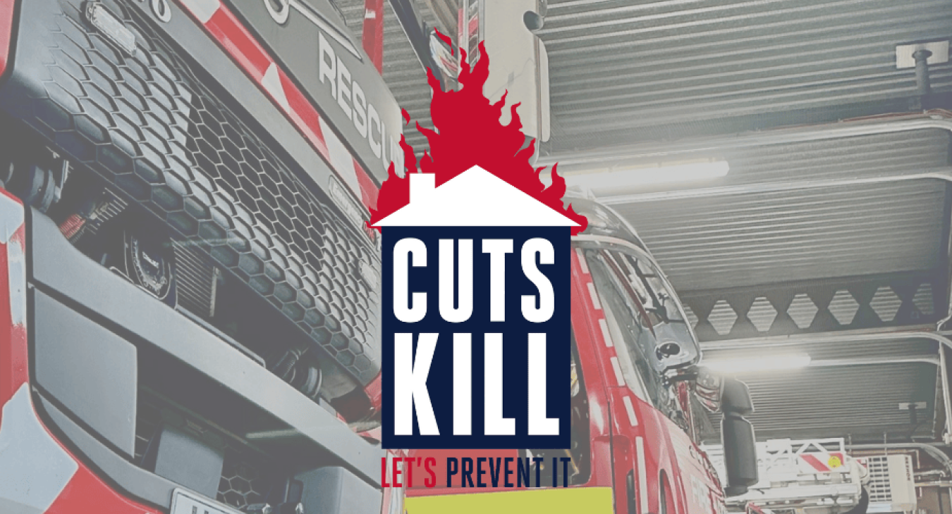 Cuts Kill logo on top of background of fire engines